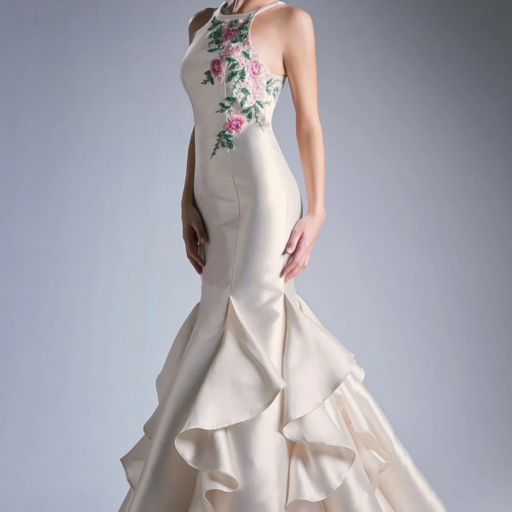 Halter Neckline Backless Cream Long Dress CD83830